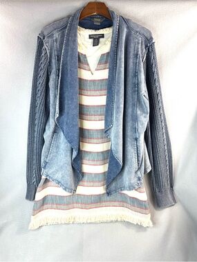 Chelsea n Theodore 10/12 Woven Striped Dress w XL Blue Washed Open Cardigan SET